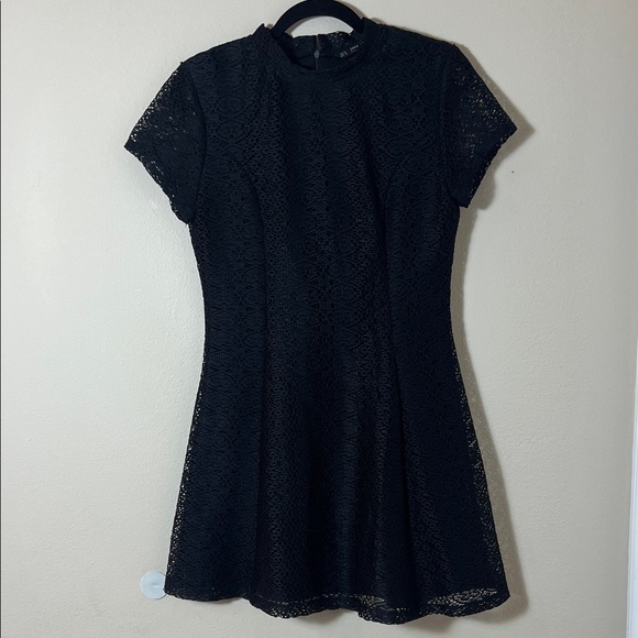 Zara Basic Collection Black Mini Dress with Mandarin Collar Lace Overlay Size M - Picture 1 of 7